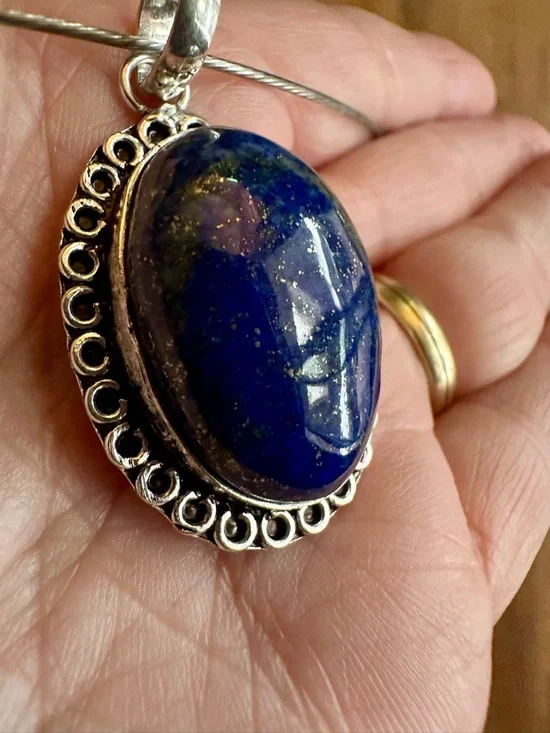 Lapis Lazuli Silver Plated Oval Pendant Choker Necklace - Picture 8 of 9